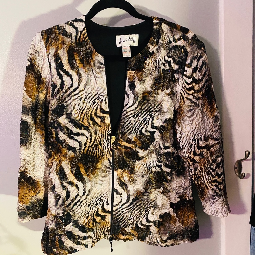 Joseph Ribkoff Brown Crinkle Sequins  Zip Up Jacket size 14